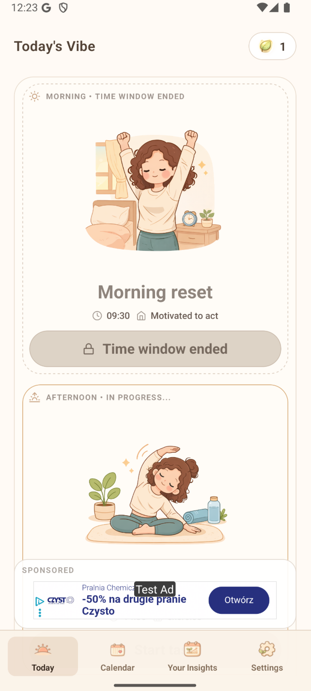 BloomVibe daily ritual screen with today's vibe and session cards