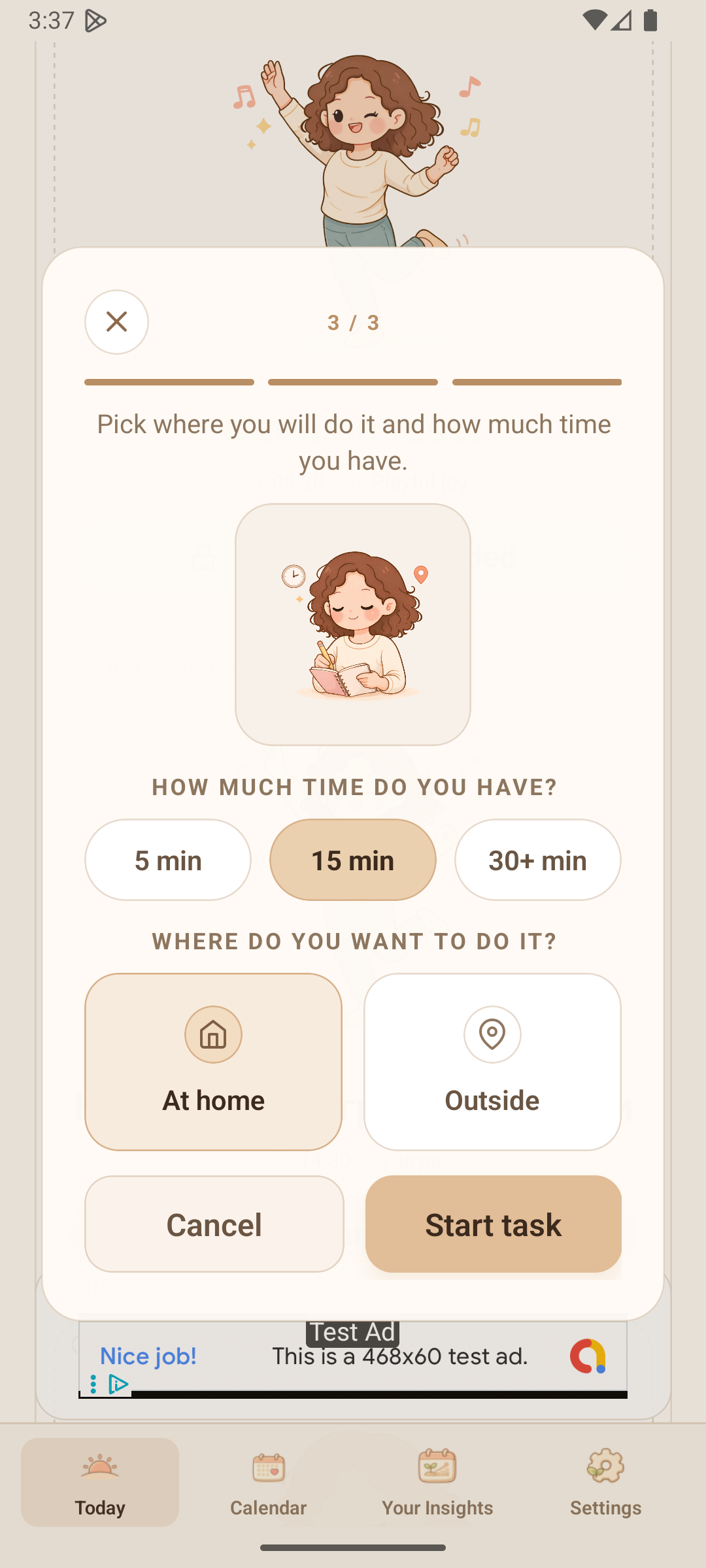 BloomVibe setup screen for choosing available time and where to do the activity