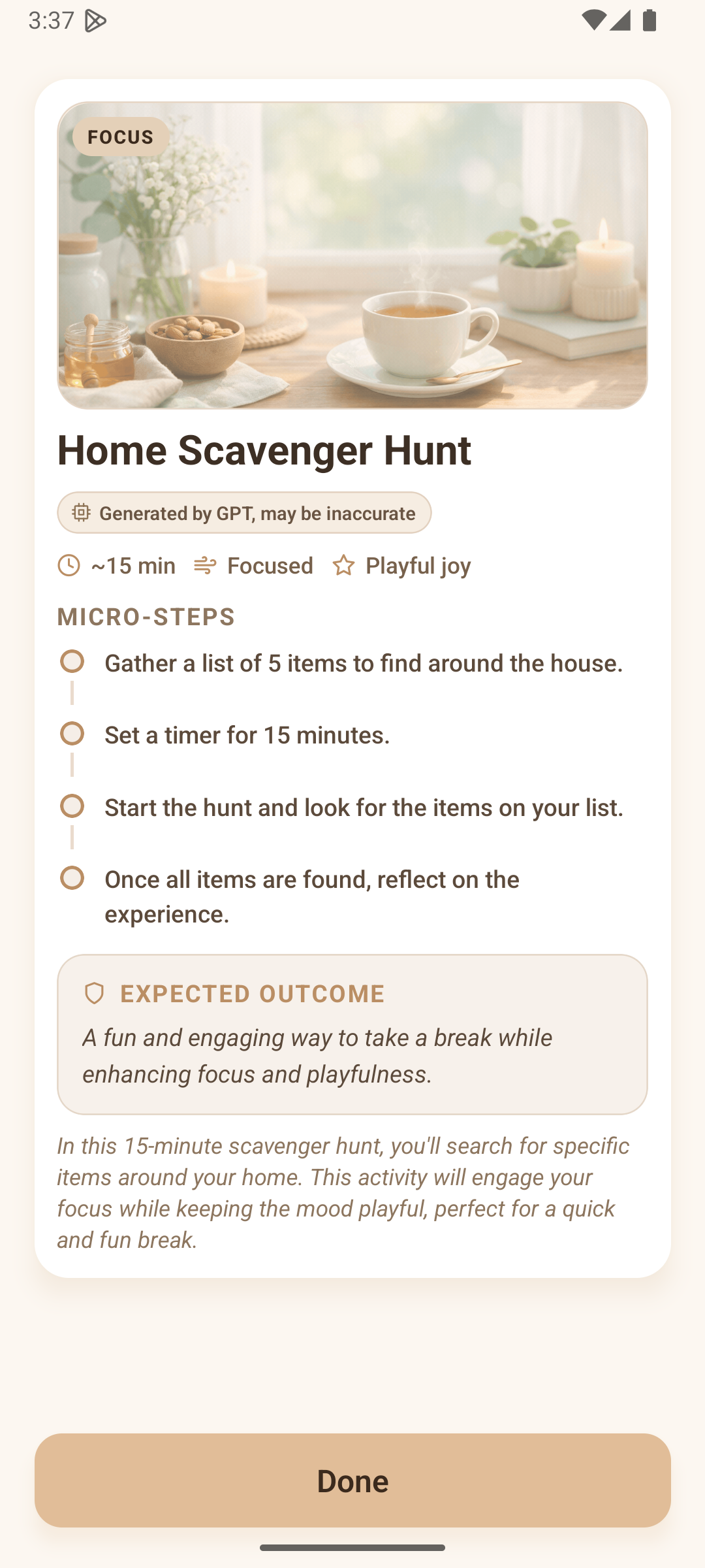 BloomVibe task details screen with micro-steps, expected outcome, and completion action
